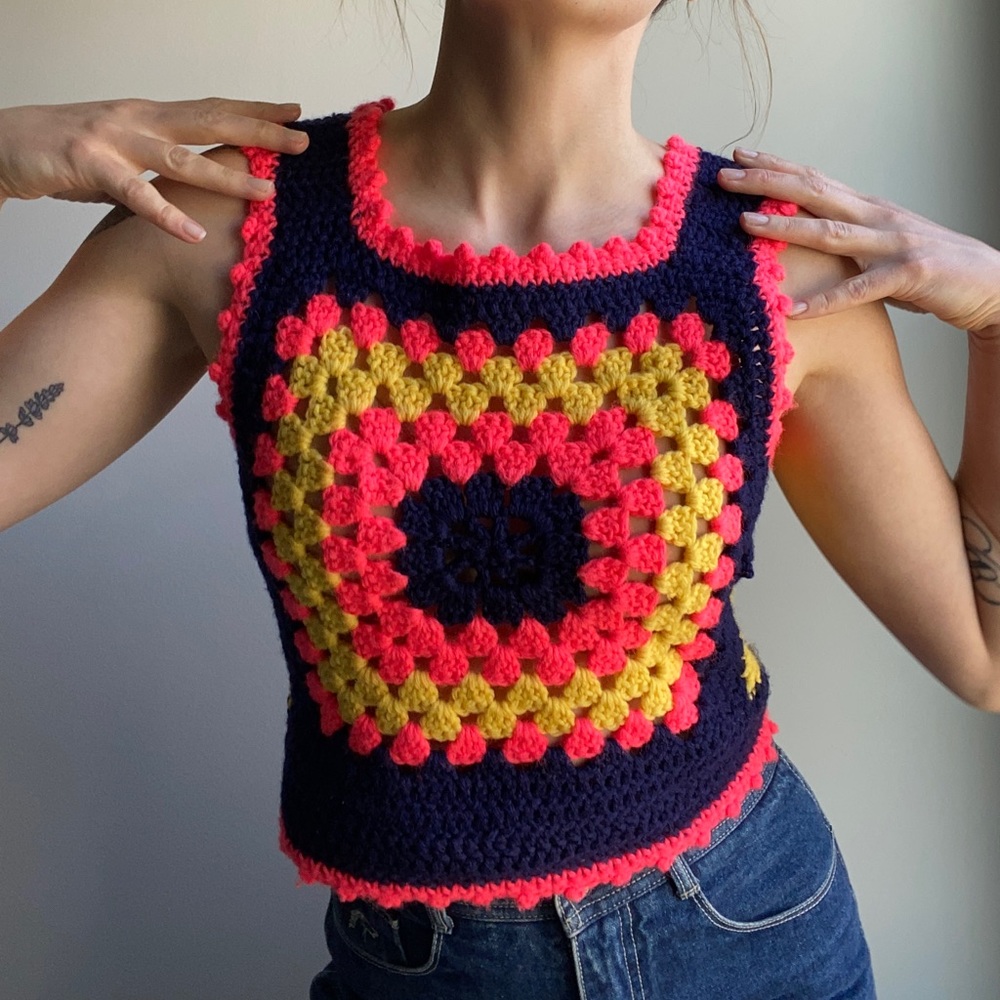 Vintage Handmade Crochet Granny Square Top XS